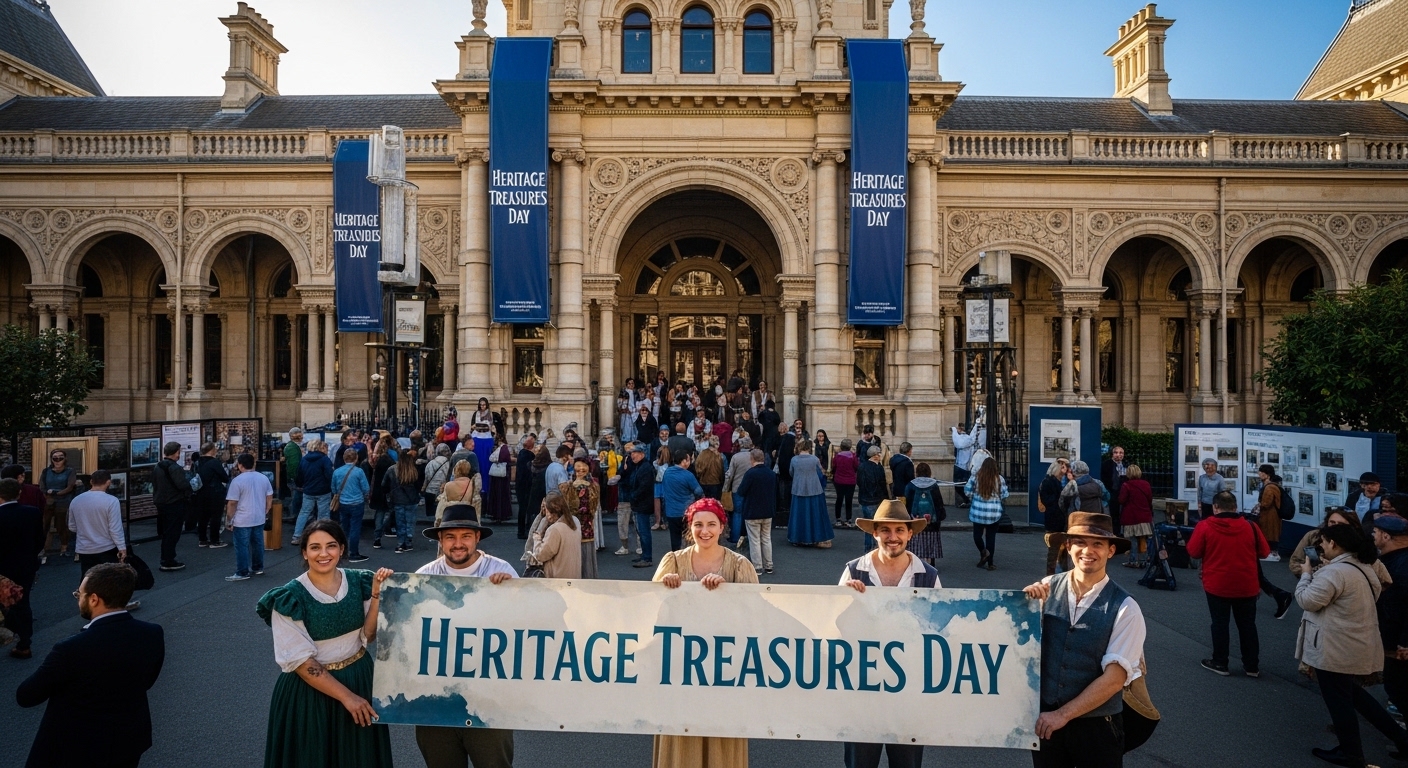 Heritage Day Celebration with Costumed Group and Crowd in Front of Ornate Historic Building - Feature Image Jan 172