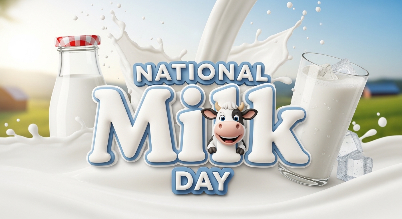 National Milk Day Celebration with Fresh Dairy Products, Splashes, and Cheerful Cartoon Cow - Feature Image Jan 180