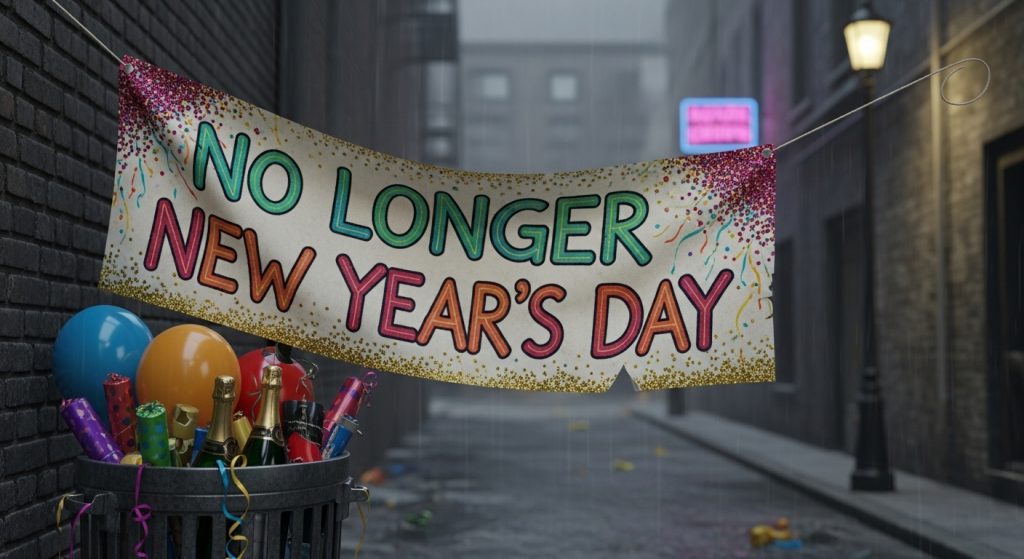 Festive Aftermath: 'No Longer New Year's Day' Banner & Party Waste in a Gritty Urban Alley - Feature Image Jan 182