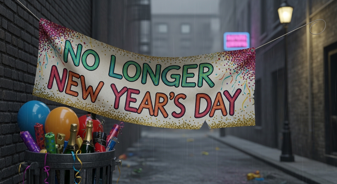 Festive Aftermath: 'No Longer New Year's Day' Banner & Party Waste in a Gritty Urban Alley - Feature Image Jan 182