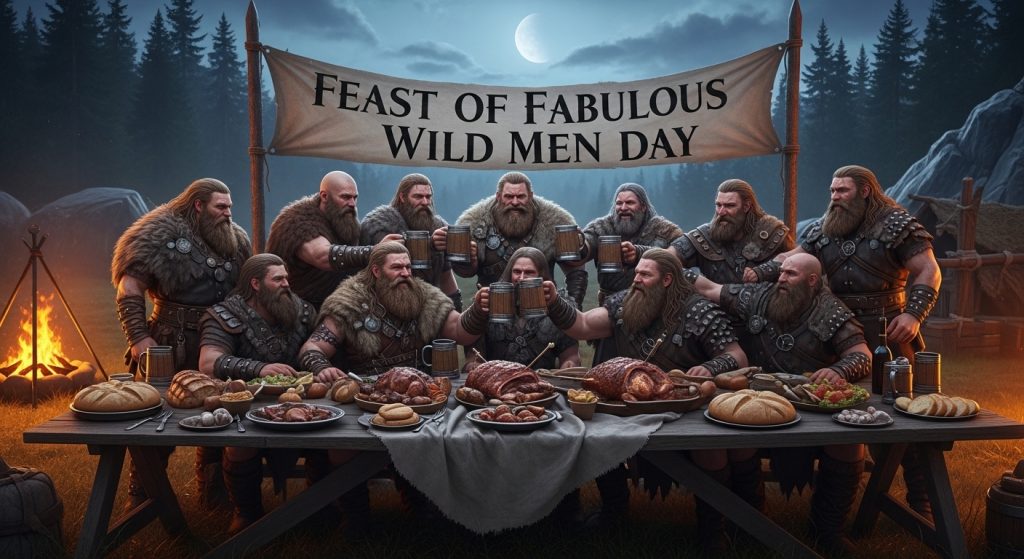 Grand Feast of Bearded Warriors: Brotherhood Celebration, Mead & Roast Meats in Moonlit Forest - Feature Image Jan 190