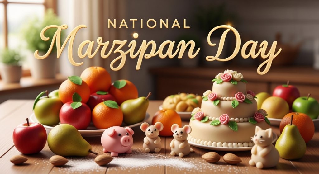 National Marzipan Day Festive Display with Cake, Fruits, and Marzipan Figures - Feature Image Jan 197