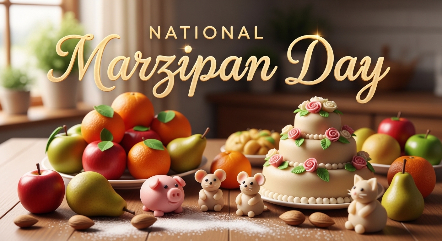 National Marzipan Day Festive Display with Cake, Fruits, and Marzipan Figures - Feature Image Jan 197