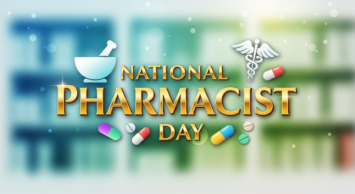 National Pharmacist Day: Golden Text, Caduceus, Mortar & Pills on Medical Background - Feature Image Jan 198