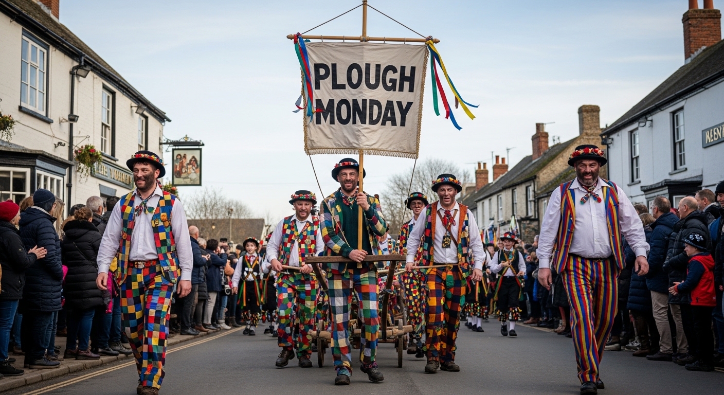 Plough Monday Folk Festival Parade in English Village. Traditional Celebration with Colorful Costumes and Banner. - Feature Image Jan 200