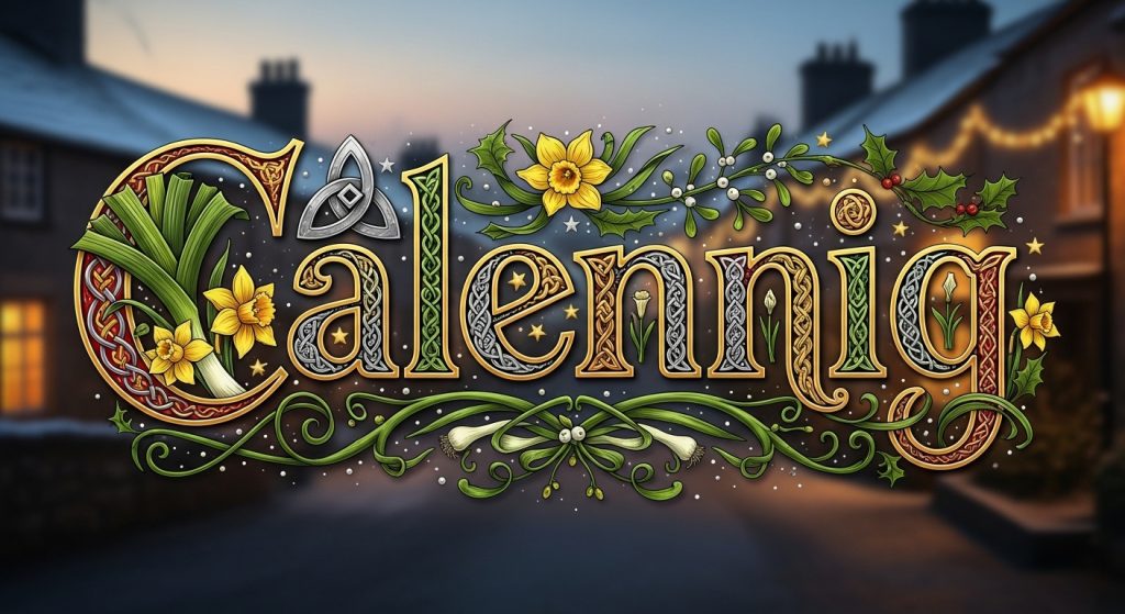 Decorative Calennig Word Art with Celtic Knotwork, Leeks, Daffodils, Holly, Mistletoe - Feature Image Jan 202