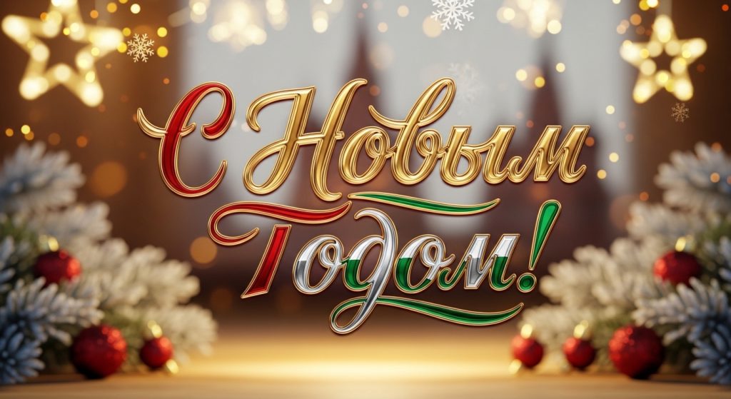 "С Новым Годом" Festive Greeting with Gold Calligraphy and Holiday Decorations - Feature Image Jan 217
