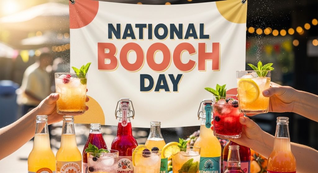 Festive National Booch Day Toast with Various Kombucha Beverages and Bottles - Feature Image Jan 224