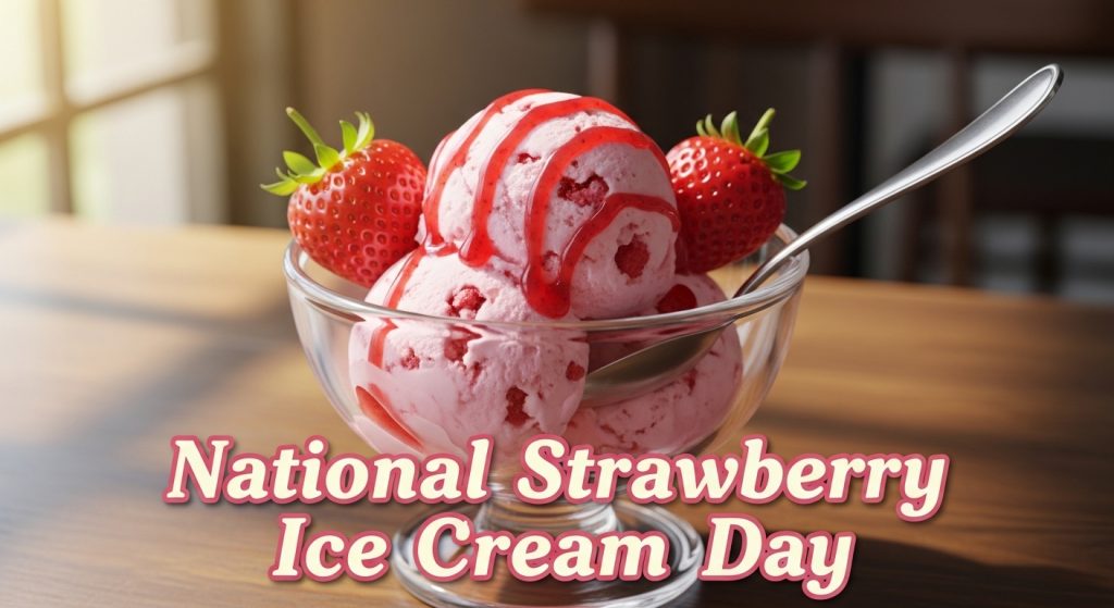 Refreshing Strawberry Ice Cream Sundae with Fresh Berries & Sauce on Wooden Table - Feature Image Jan 228