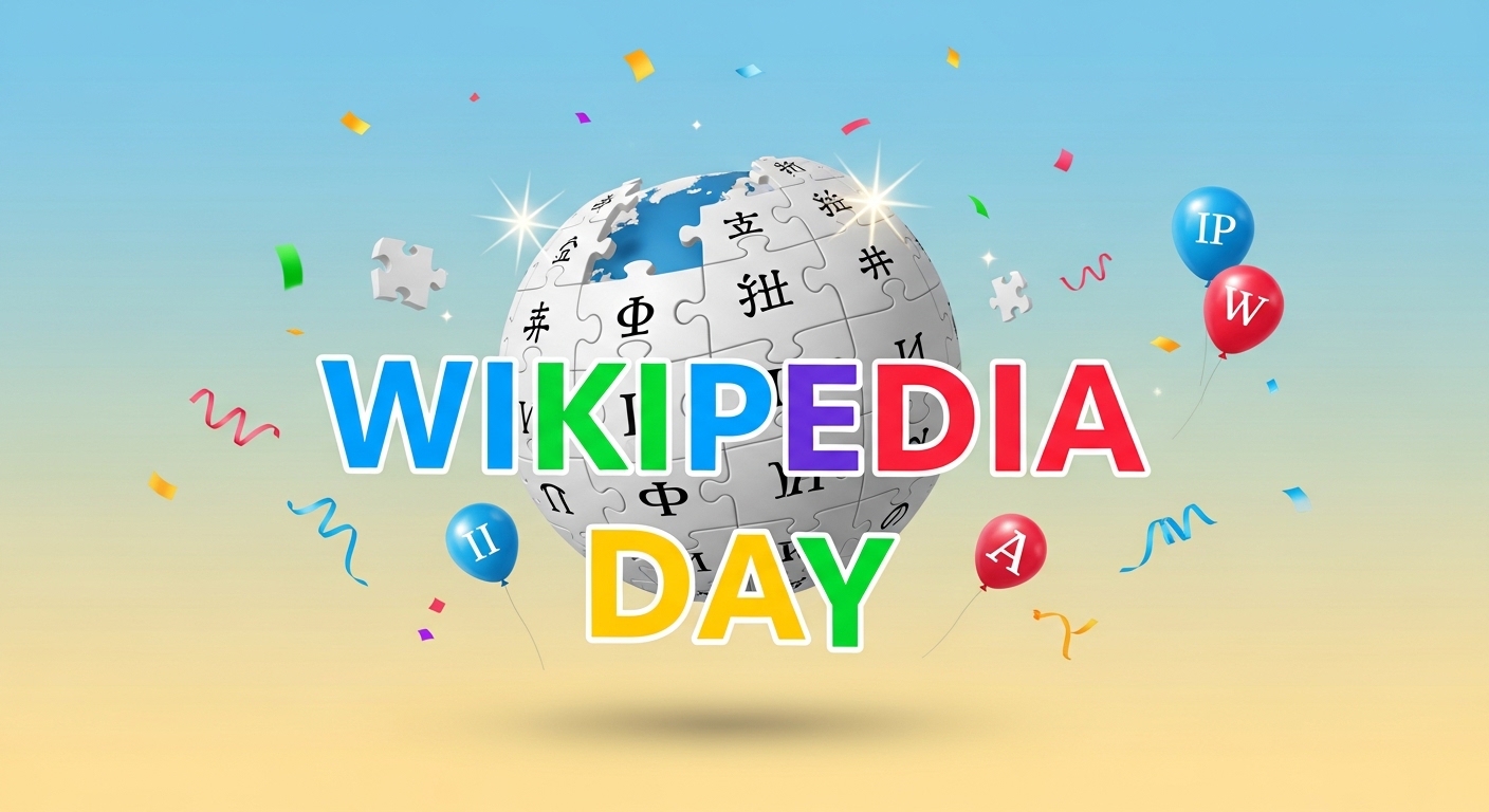 Wikipedia Day Greeting: Collaborative Knowledge Globe & Festive Design - Feature Image Jan 230