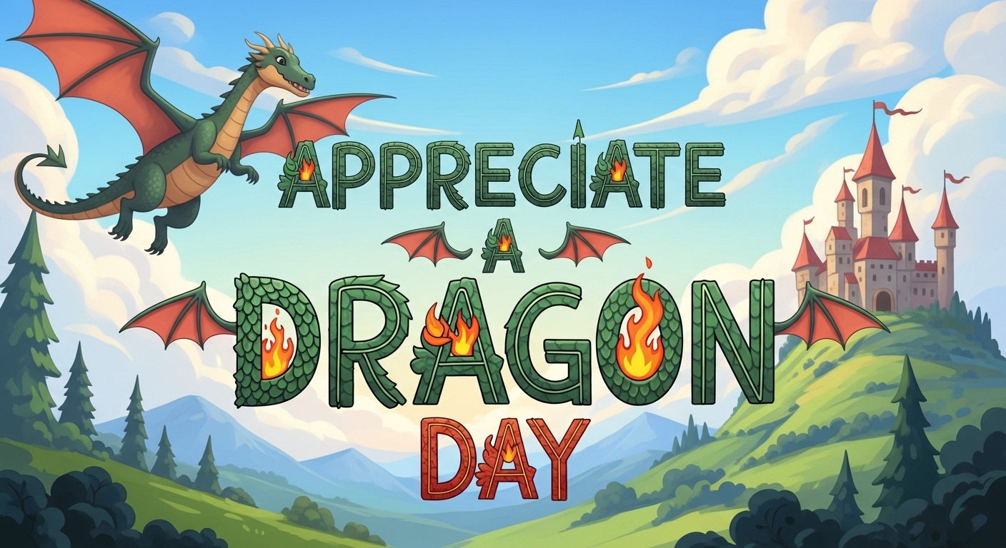 Appreciate a Dragon Day Text with Flying Dragon and Fantasy Castle Landscape Illustration - Feature Image Jan 233