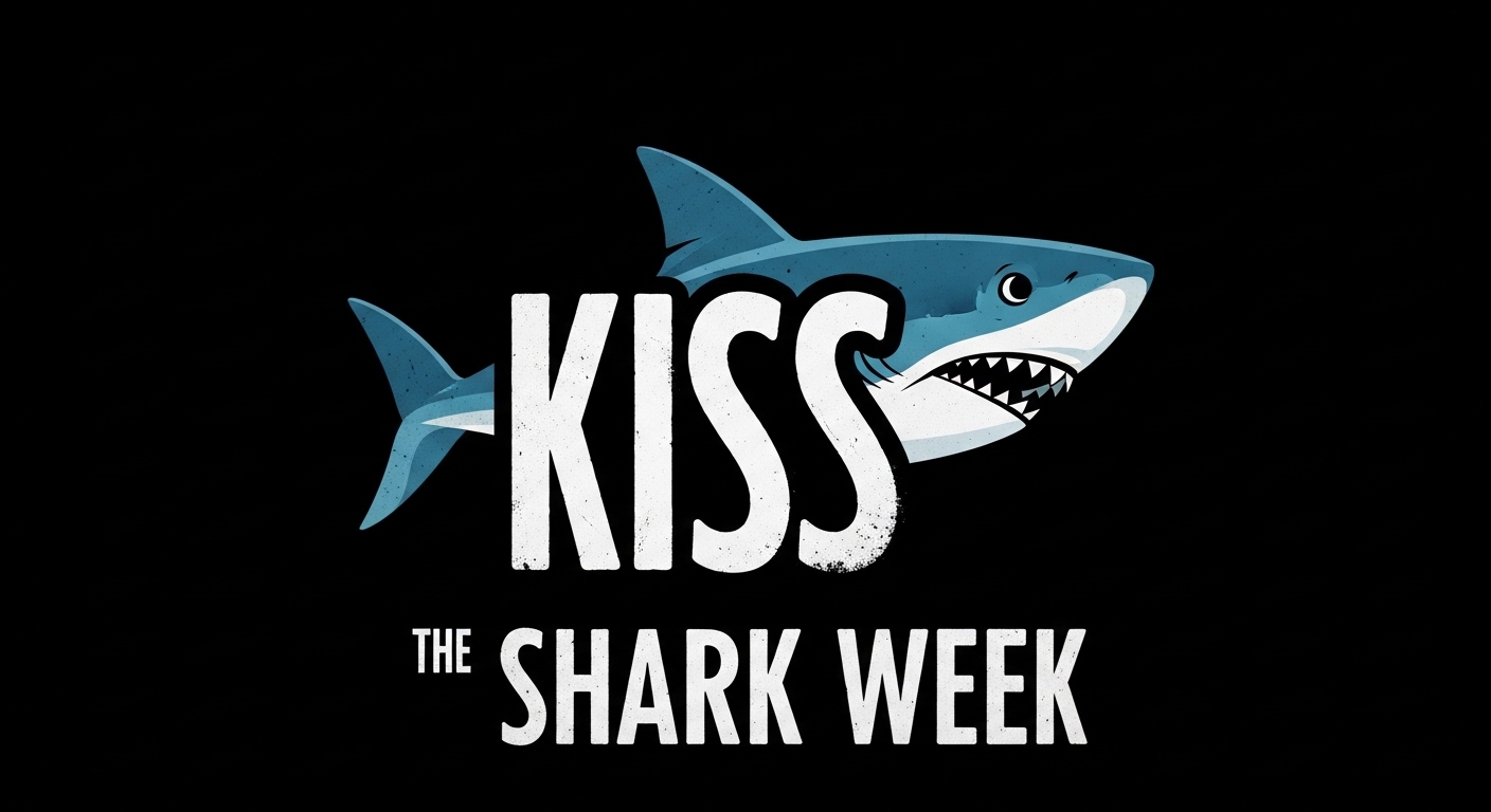 Playful Cartoon Shark with 'Kiss The Shark Week' Typography on Black Background - Feature Image Jan 236 1