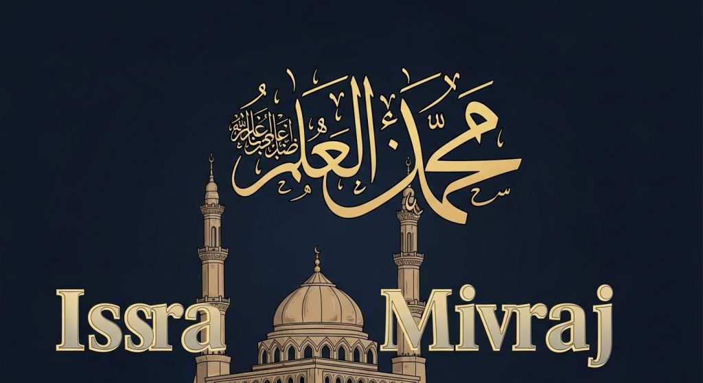 Isra Miraj Celebration Background with Gold Arabic Calligraphy and Mosque Illustration - Feature Image Jan 236
