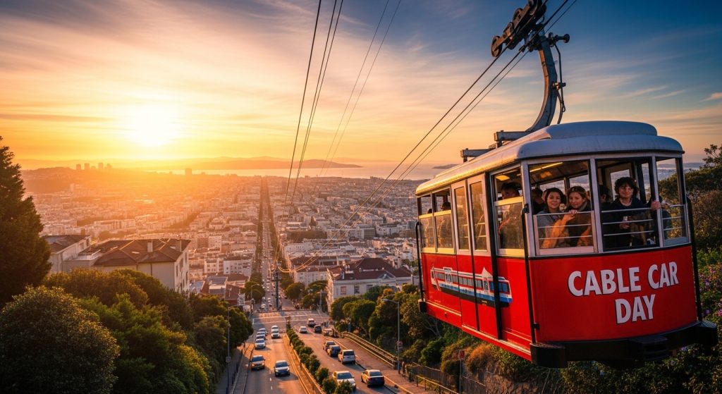 San Francisco Cable Car at Sunset Overlooking Cityscape and Bay with Passengers - Feature Image Jan 244