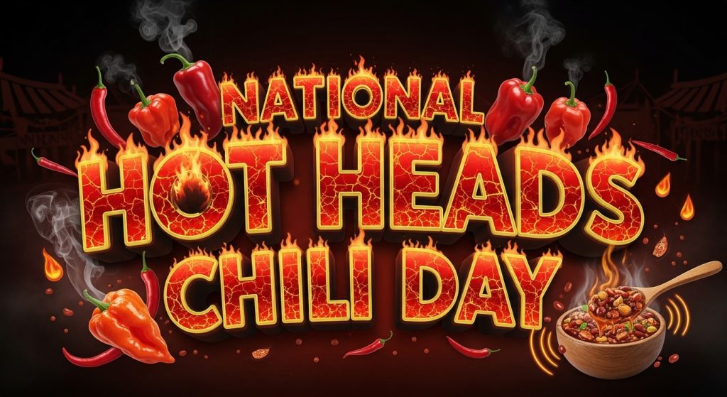 National Hot Heads Chili Day with Fiery Text and Peppers - Feature Image Jan 248