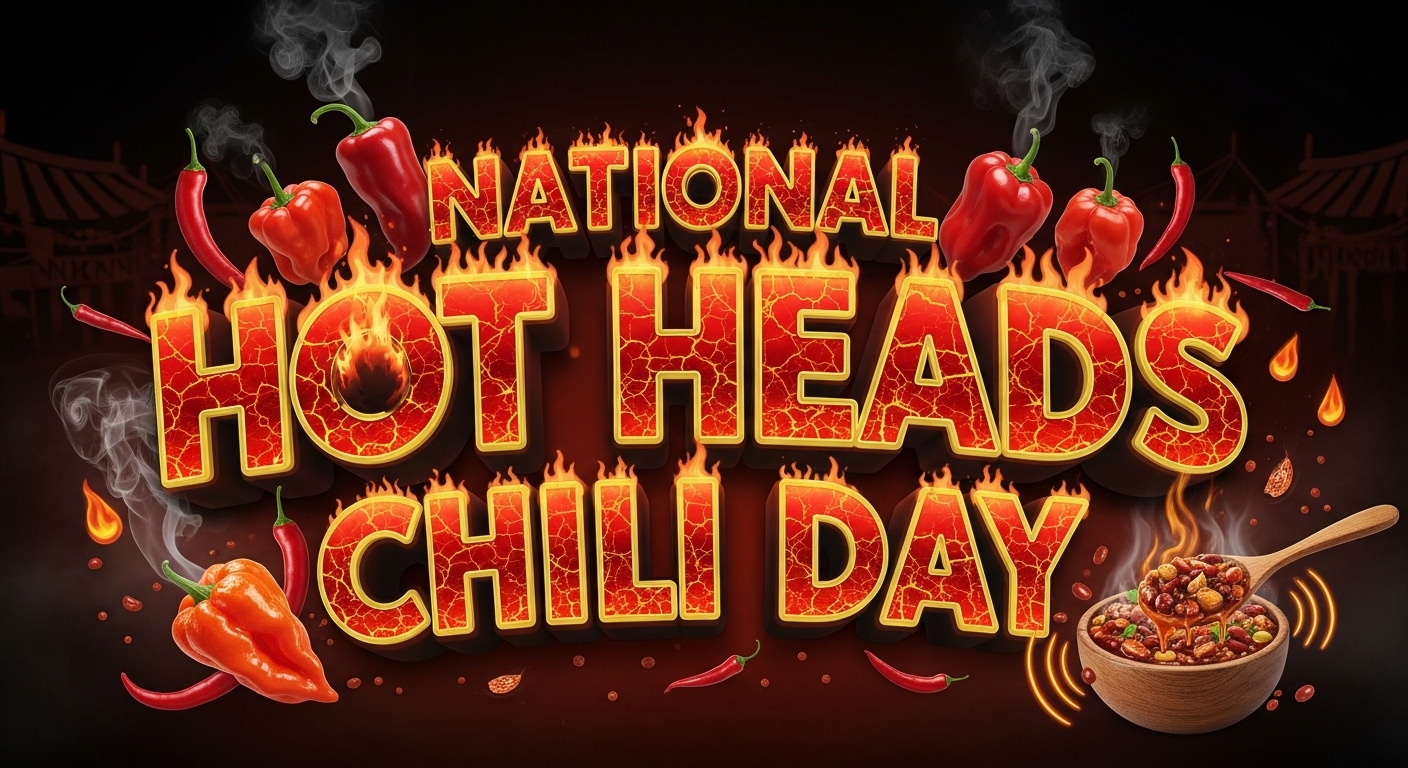 National Hot Heads Chili Day with Fiery Text and Peppers - Feature Image Jan 248