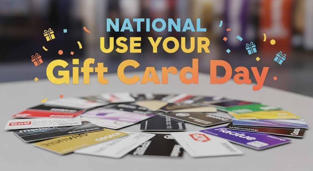 "National Use Your Gift Card Day" Text with Assorted Retail Gift Cards for Redemption & Spending. - Feature Image Jan 249