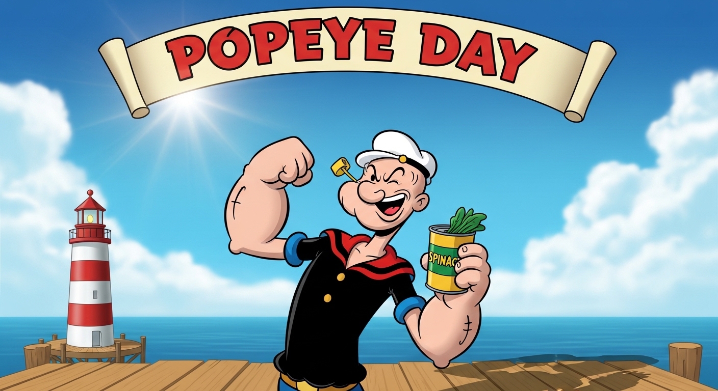 Popeye Day Celebration: Iconic Sailor Character with Spinach, Sunny Pier & Lighthouse - Feature Image Jan 251