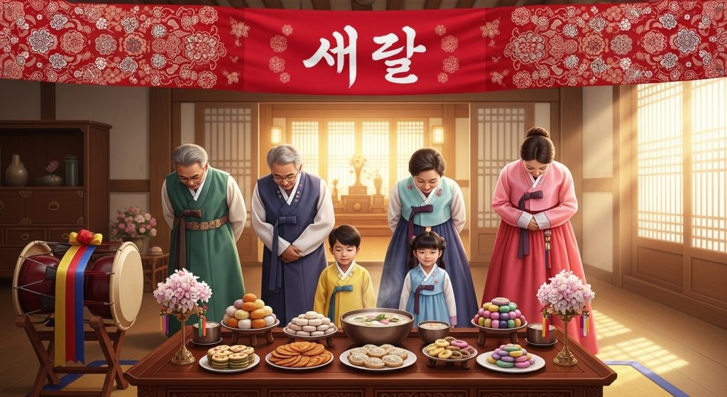 Korean Family Performing Sebae During Seollal Celebration with Traditional Foods - Feature Image Jan 252