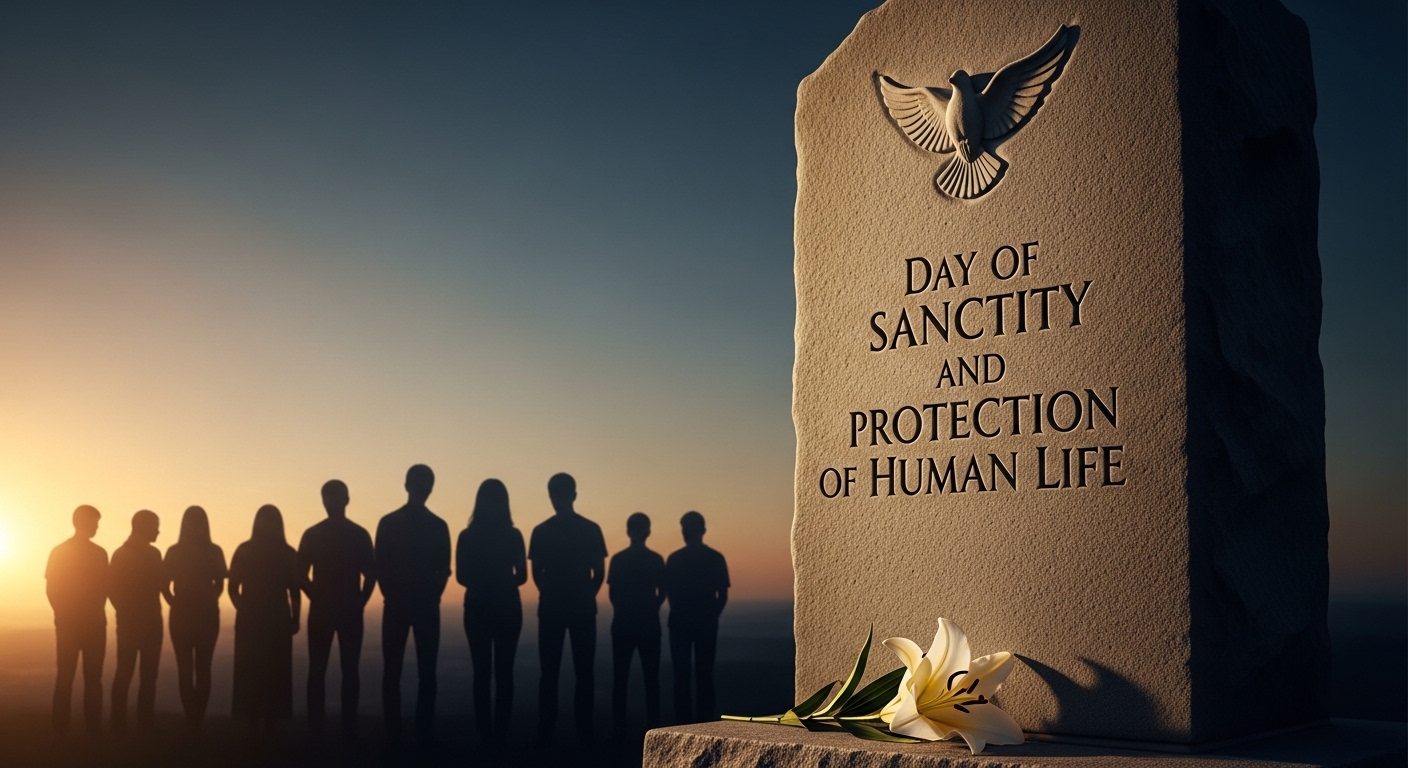 Human Life Protection Monument, Dove, Lily, and Reflective Crowd at Dawn - Feature Image Jan 255