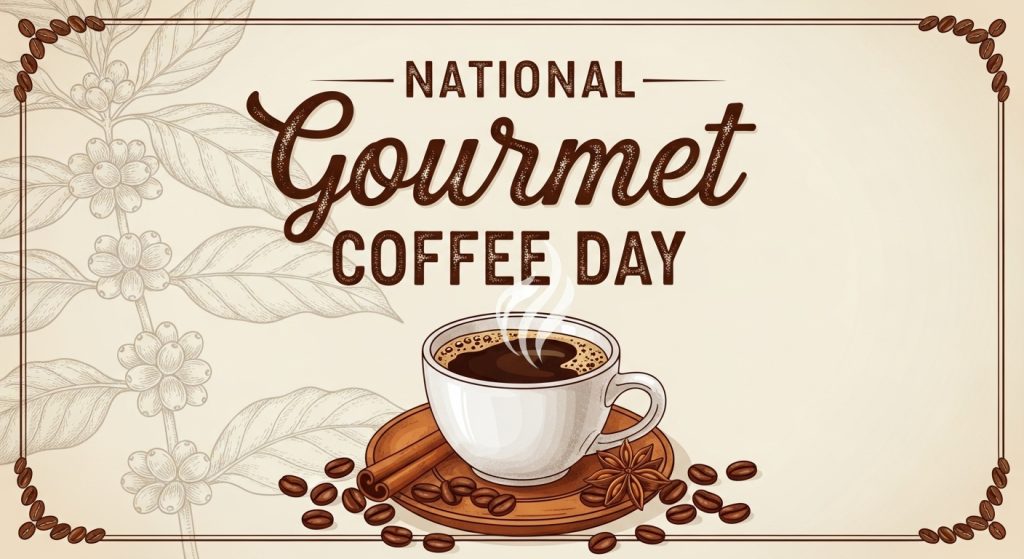 National Gourmet Coffee Day Design with Steaming Hot Drink, Beans, and Botanical Sketch - Feature Image Jan 256