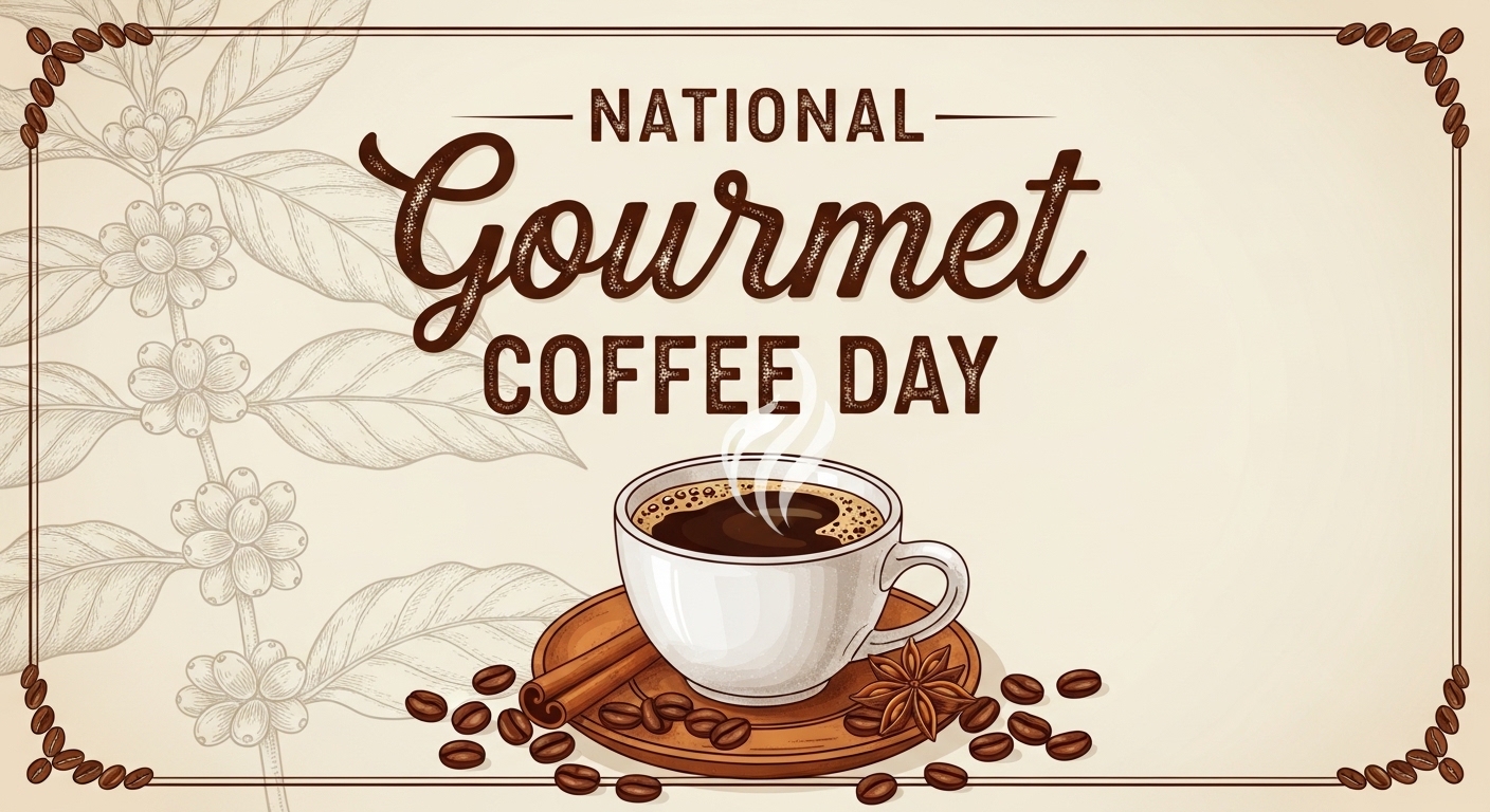 National Gourmet Coffee Day Design with Steaming Hot Drink, Beans, and Botanical Sketch - Feature Image Jan 256