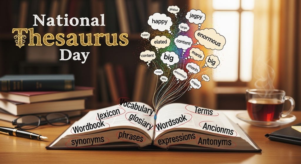 National Thesaurus Day: Open Book with Expanding Words, Synonyms & Vocabulary Concepts - Feature Image Jan 258