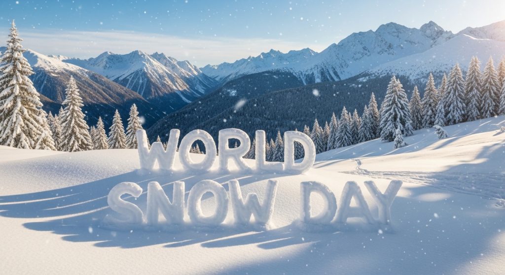 World Snow Day Text in Pristine Winter Mountain Landscape - Feature Image Jan 261