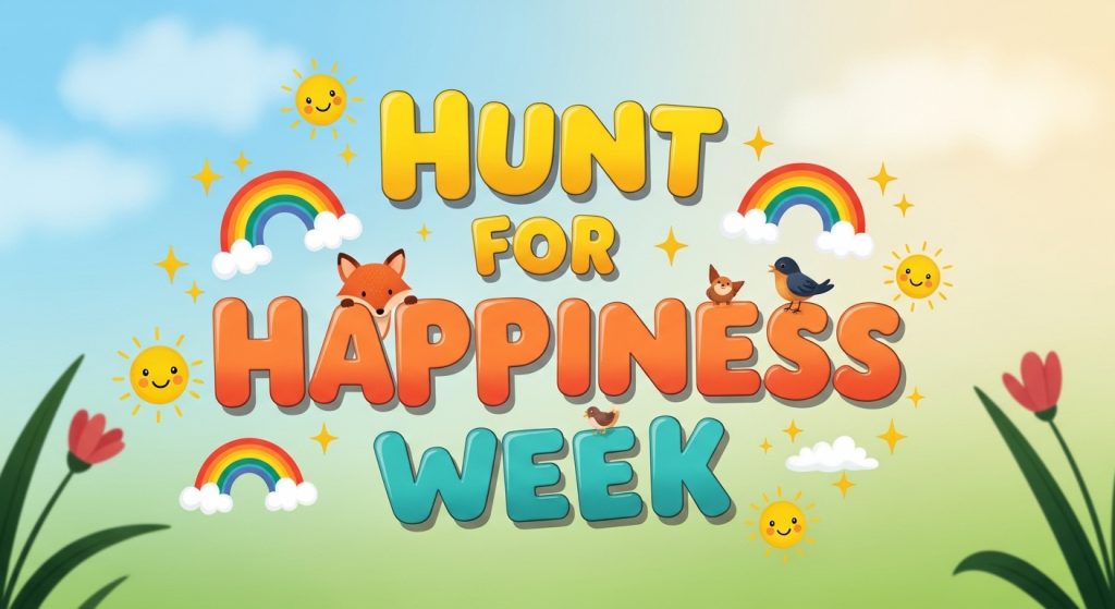 Hunt for Happiness Week. Cheerful cartoon banner with fox, birds, rainbows, and smiling suns. - Feature Image Jan 263