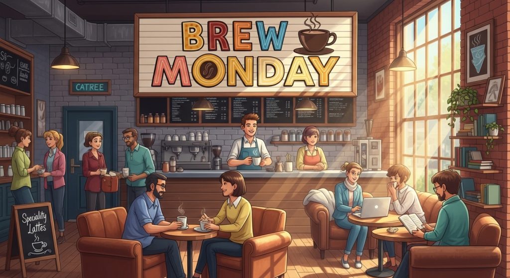 Brew Monday Morning: Bustling Coffee Shop Life with Patrons, Baristas, Work & Relaxation. - Feature Image Jan 267