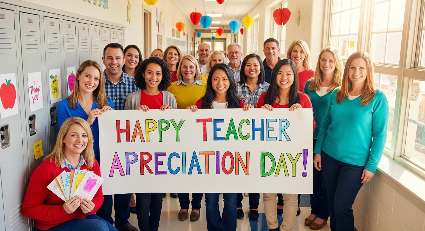 Diverse Group of Educators and School Staff Celebrating Appreciation Day with Banner in Hallway - Feature Image Jan 269