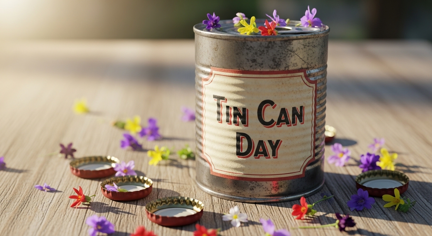 Tin Can Day on Rustic Wood with Colorful Flowers and Bottle Caps - Feature Image Jan 274
