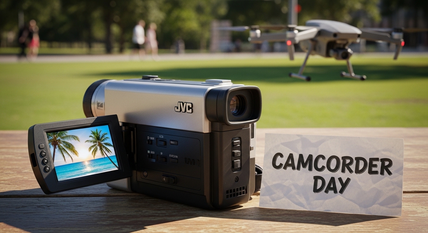 Vintage Camcorder Displaying Tropical Scene for Camcorder Day with Drone and Park - Feature Image Jan 277