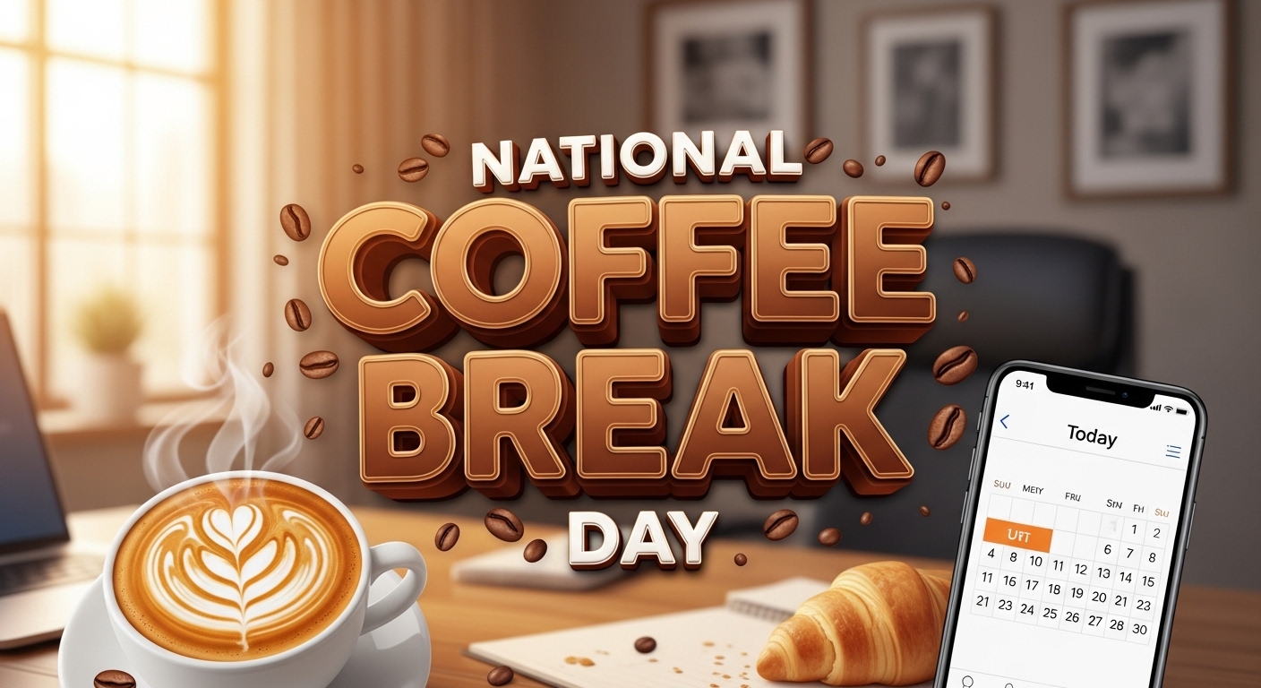 National Coffee Break Day: Latte Art, Croissant, and Calendar at a Warm Desk - Feature Image Jan 280