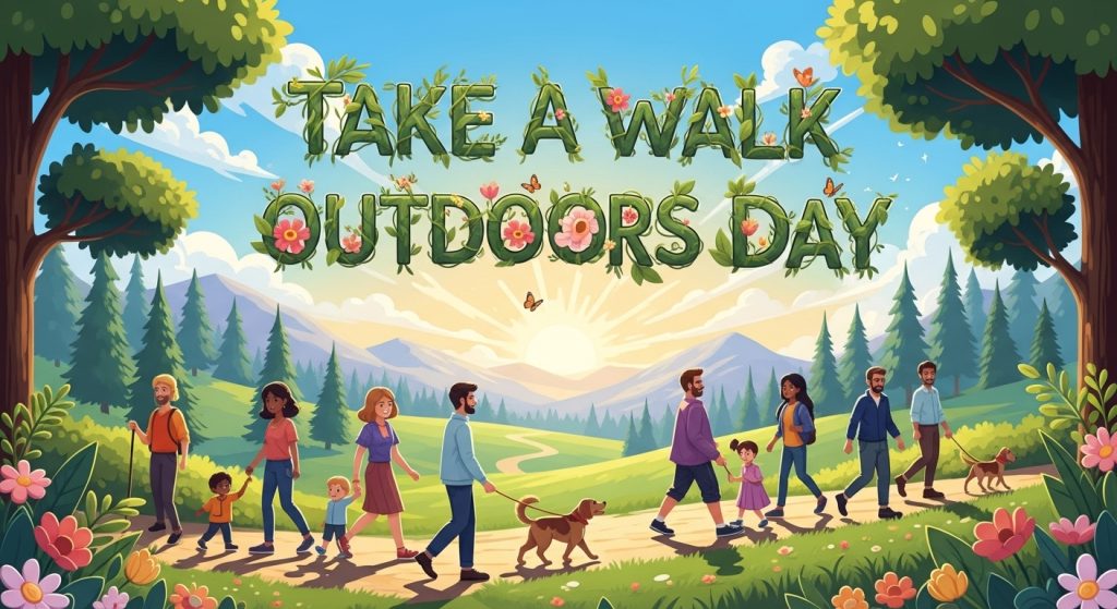 Take A Walk Outdoors Day Celebration. Families & Pets Enjoying Nature Walk. - Feature Image Jan 285