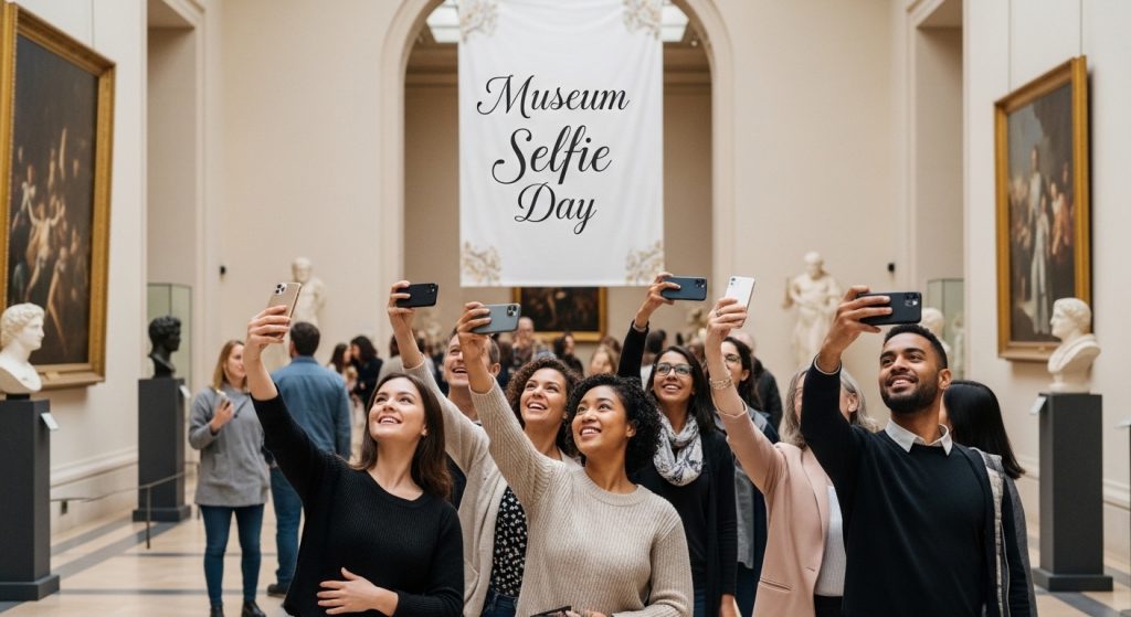 Diverse Visitors Taking Selfies at Museum Event - Engaging with Art & Culture Digitally - Feature Image Jan 291