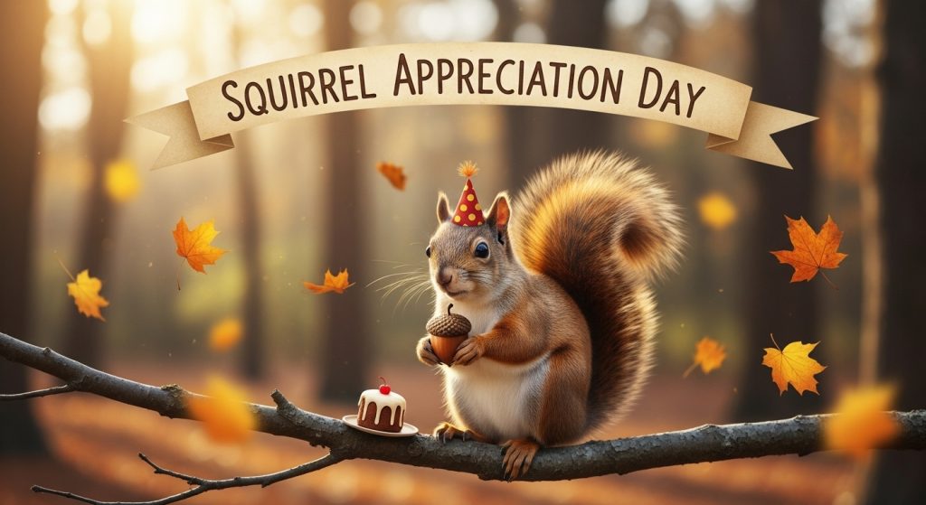 Joyful Squirrel Appreciation Day: Woodland Animal in Party Hat with Acorn and Cake, Fall Leaves - Feature Image Jan 301