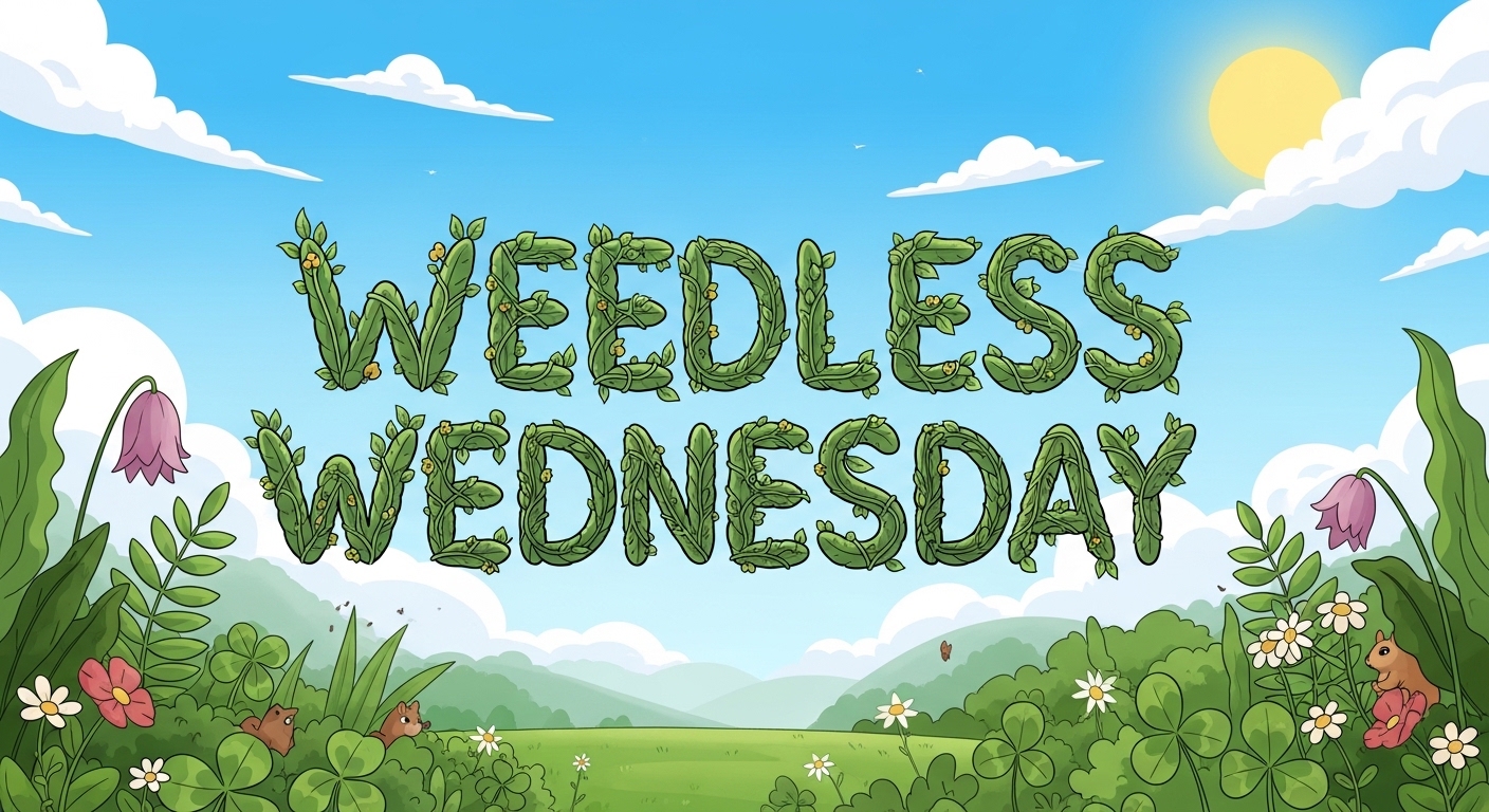 "Weedless Wednesday" Foliage Text in Vibrant Cartoon Garden Landscape. Eco-Friendly Nature Scene. - Feature Image Jan 303