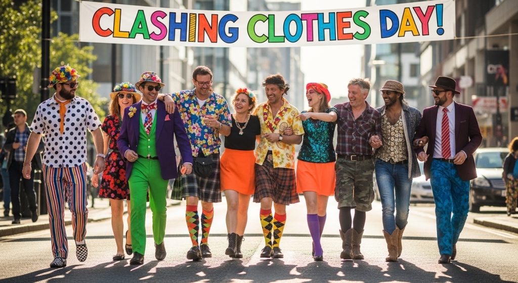 Clashing Clothes Day Celebration: Diverse Group in Mismatched, Vibrant Attire on Sunny Urban Street - Feature Image Jan 306