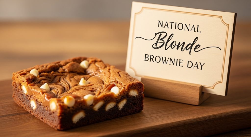 National Blonde Brownie Day Dessert on Wood with White Chocolate Chips - Feature Image Jan 308