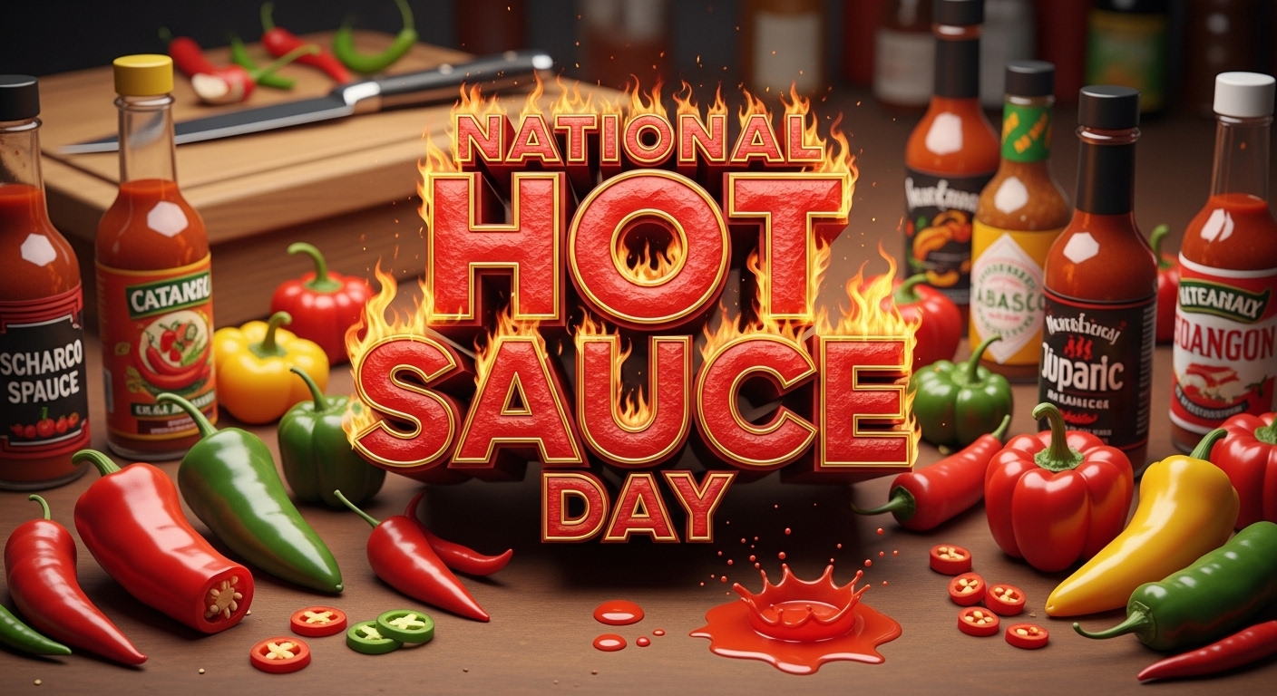National Hot Sauce Day Celebration with Fiery Chili Peppers and Spicy Bottles - Feature Image Jan 310