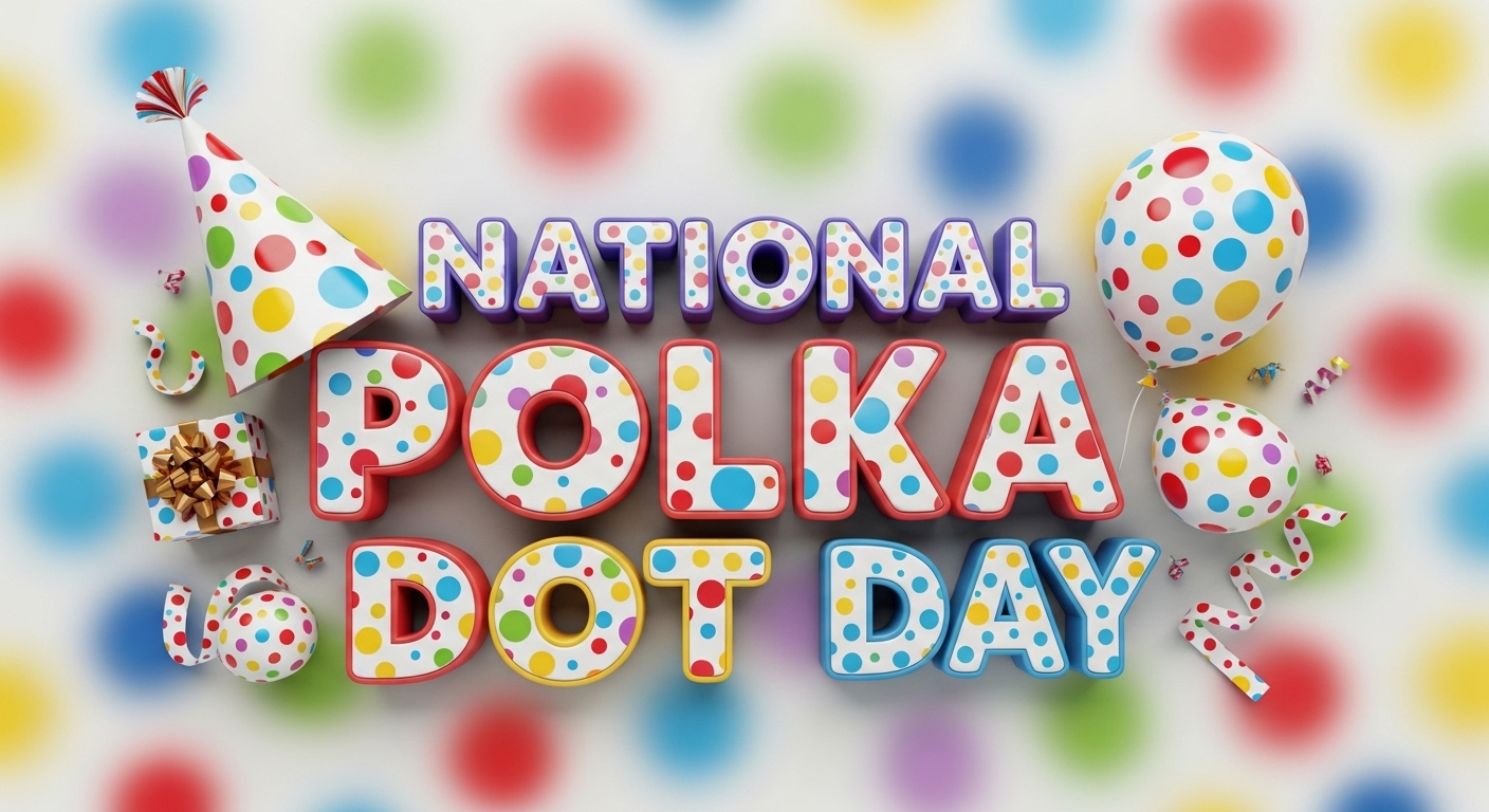 National Polka Dot Day. Vibrant 3D lettering, party hat, balloons, and gift on a cheerful polka dot background. - Feature Image Jan 311