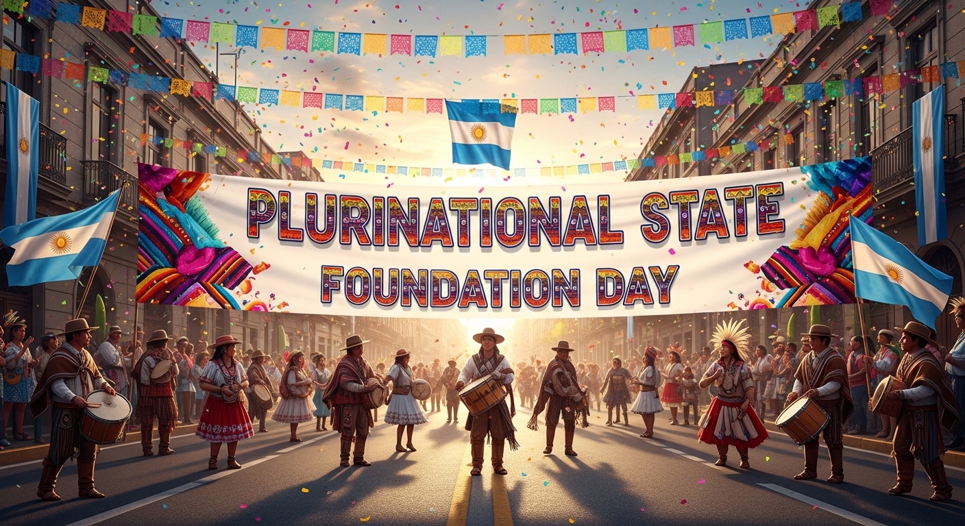 Festive Plurinational Foundation Day Celebration in City Street with Argentina Flags and Traditional Attire - Feature Image Jan 313