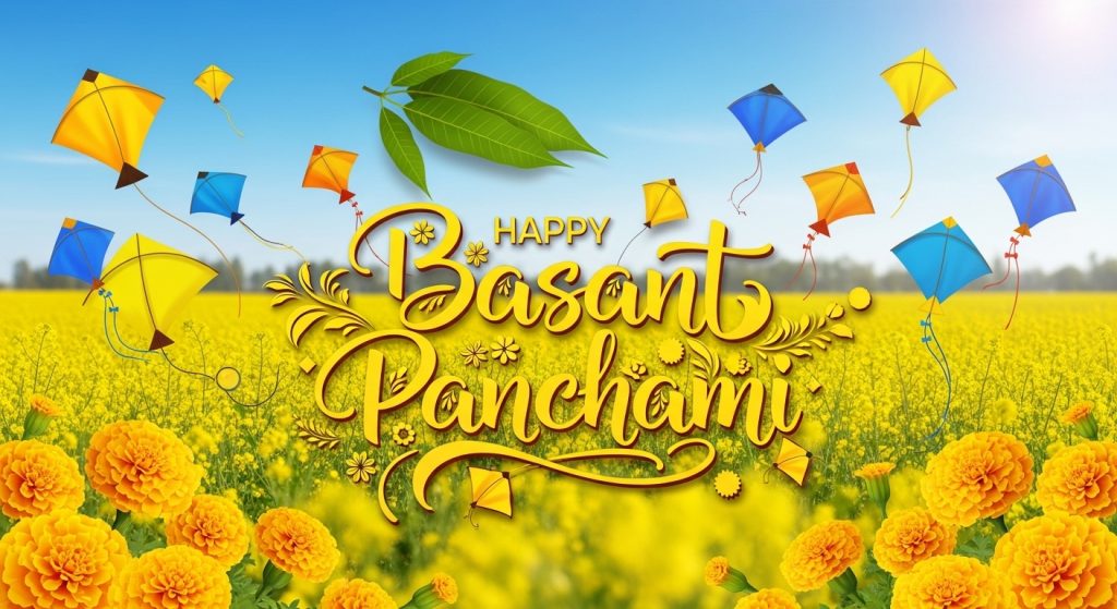 Happy Basant Panchami Celebration. Kites Flying Over Yellow Mustard Field with Marigold Flowers - Feature Image Jan 314