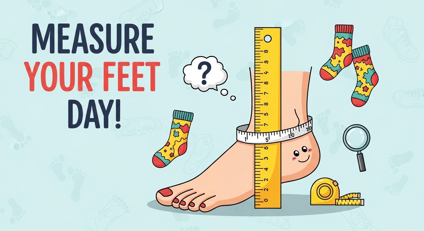 Foot Measuring Day Cartoon. Health Awareness & Proper Sizing with Ruler, Tape, Socks - Feature Image Jan 318