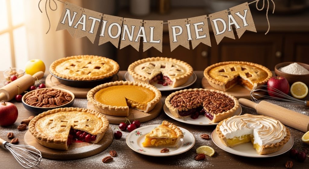 National Pie Day Bakes: Variety of Fruit, Nut, and Cream Pies with Ingredients and Utensils - Feature Image Jan 322