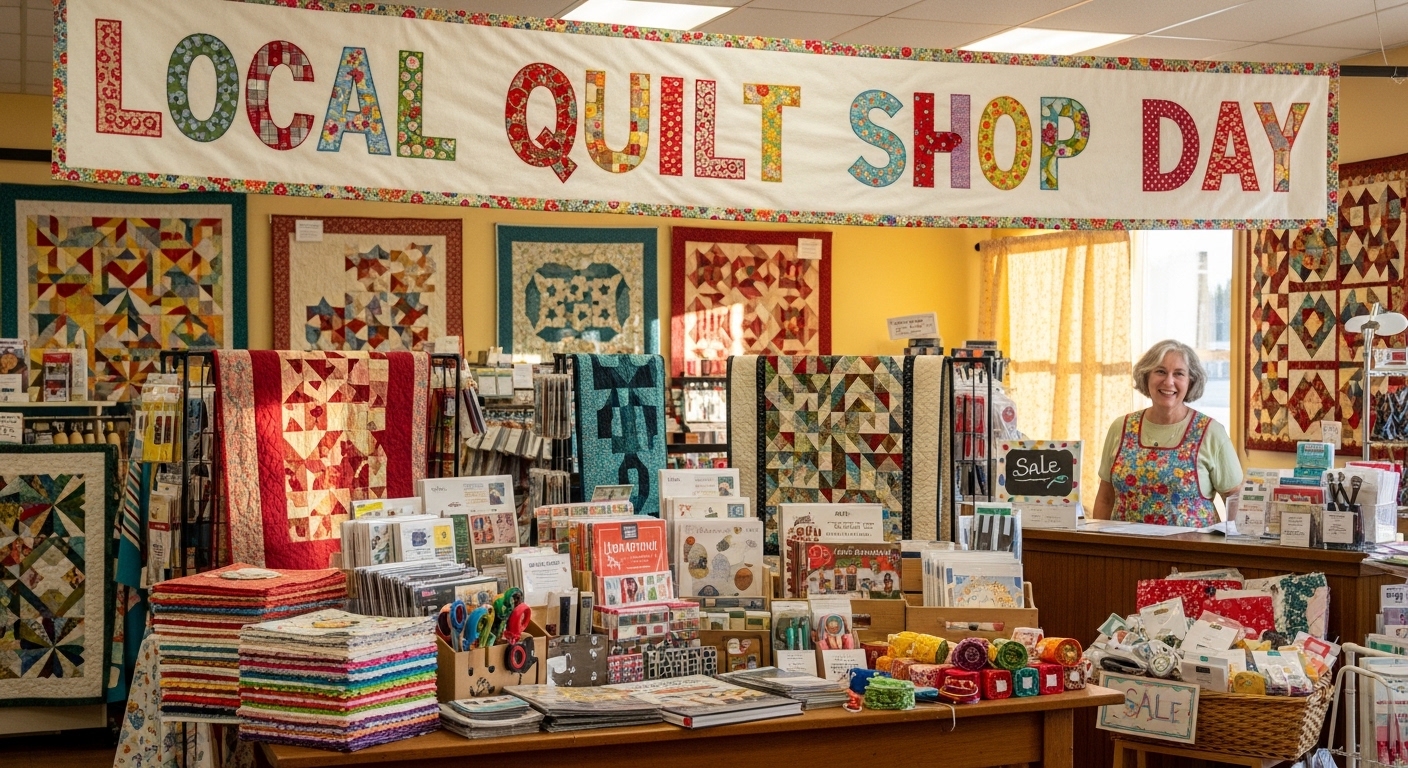 Vibrant Quilt Shop Interior on Local Business Day with Smiling Owner and Colorful Crafting Supplies - Feature Image Jan 329