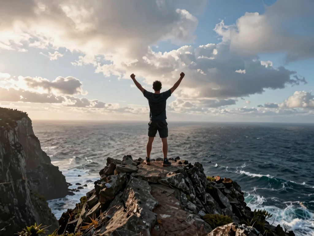 Triumphant Moment: Person Celebrating on Cliff Edge Overlooking Vast Ocean at Golden Hour - Feature Image Jan 33