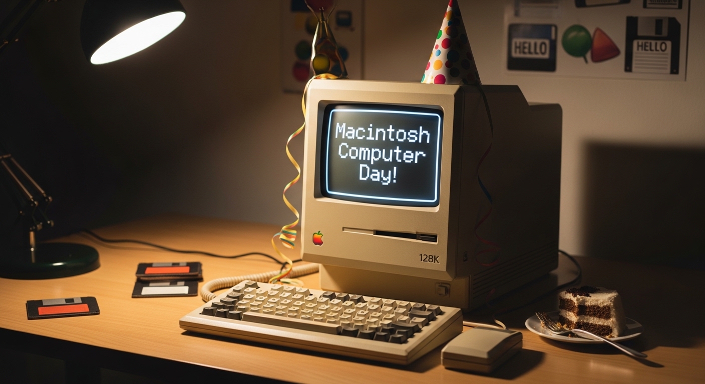 Nostalgic Macintosh Computer Day: Retro Tech Anniversary Setup with Cake - Feature Image Jan 330