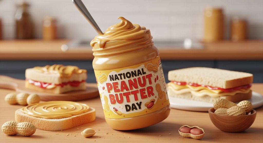 National Peanut Butter Day: Jar, Creamy Spread on Bread, Whole Peanuts & Sandwiches on Kitchen Counter - Feature Image Jan 332